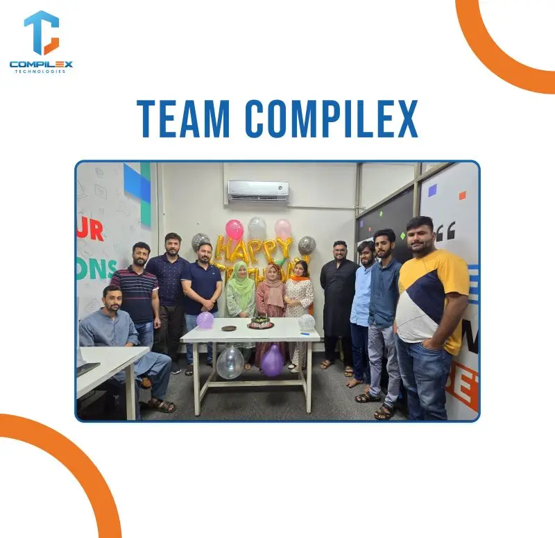 "Iqra Mughal birthday celebration at Compilex Technologies with team members and decorations"