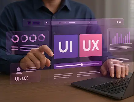 Illustration of a user interacting with a sleek, modern software interface from Compilex Technologies.