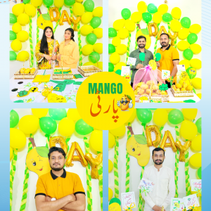 A diverse group of colleagues smiling and sharing fresh mango slices during an office break.